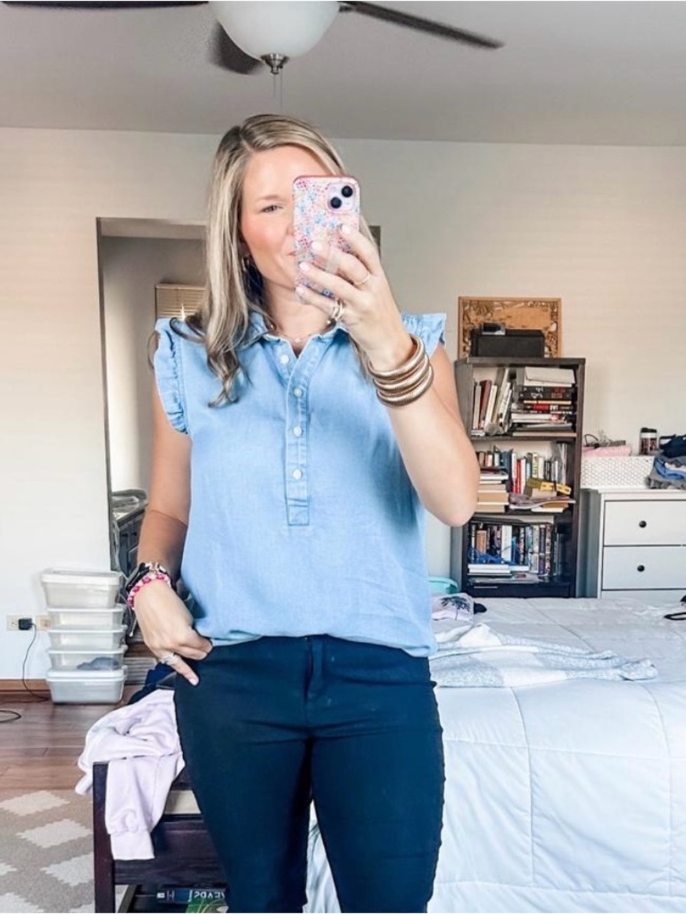 LOFT Light Blue Ruffle Cap-Sleeve Henley